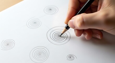 Hand Drawing Concentric Circles on White Paper with Pencil.