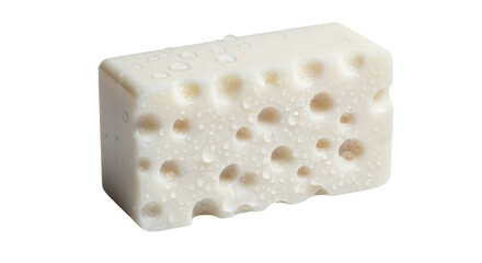 Rectangular white cheese block with holes on white background, studio food photo