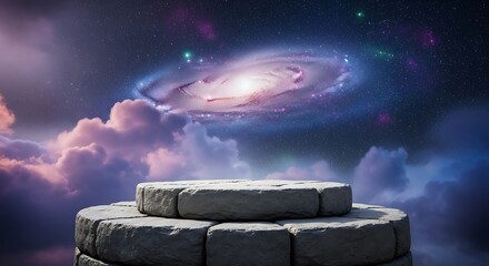 Stone pedestal against a cosmic backdrop, perfect for product display or spiritual concepts.