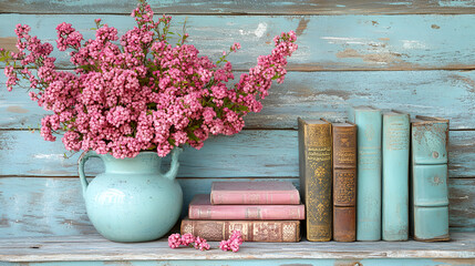 Vintage blossoms and books serenity