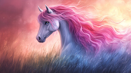 Whimsical unicorn portrait amidst dreamy grass