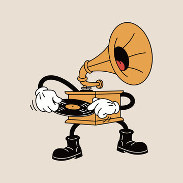 Vintage rubber hose cartoon character style of a gramophone phonograph playing a vinyl record with white gloved hands and moving legs on beige