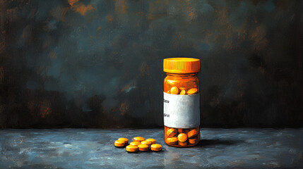 Amber vial with scattered pills
