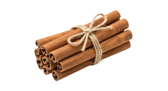 Bundled cinnamon sticks tied with twine on white background for food packaging or spice label