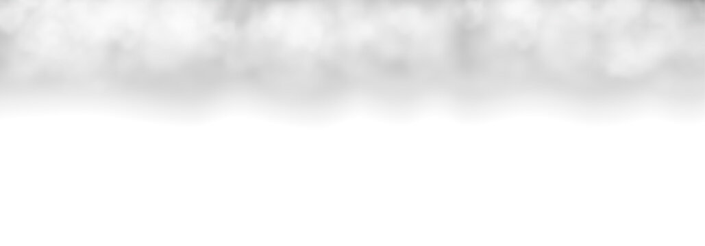 White and grey realistic overhanging clouds. Vector template of transparent clouds isolated on white background. Fog, smog, mist or vapor effect. Atmospheric phenomena.