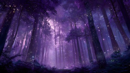 Mystical Purple Forest - A Captivating Nighttime Scene with Glowing Trees and Atmospheric Haze.