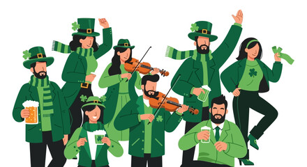 People in Green Celebrating St. Patrick's Day with Music and Drinks