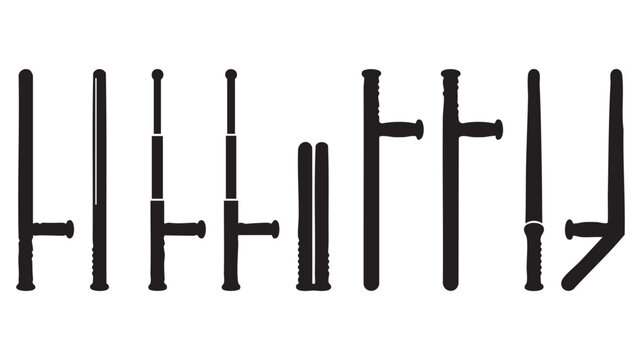 Set of various black silhouettes of different police batons and tonfas isolated on white background depicting law enforcement defense tools