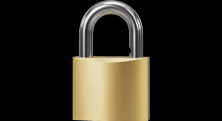 Fototapeta premium Secure gold padlock with shiny silver arch on black
