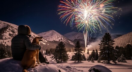 A person and a dog watching fireworks in a snowy landscape.