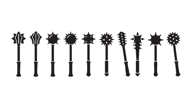 Set of various black silhouettes of different medieval maces and flails isolated on white background depicting historical bludgeoning weapons