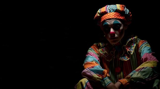 Portrait of a sad mime in colorful costume against a dark background.
