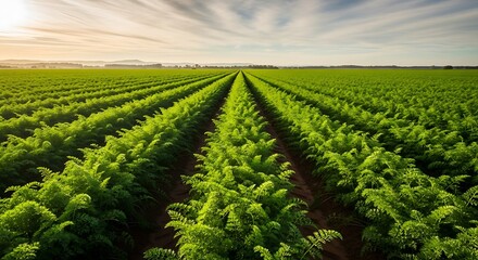 Lush Green Carrot Field Under a Bright Sky.