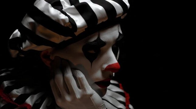 Close-up portrait of a sad mime with white face paint and black and white striped hat against a dark background.