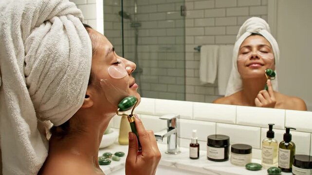Woman applying jade roller to face in bathroom with skincare products