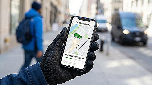 Person holding smartphone with package tracking app on city street for delivery logistics and e-commerce concept
