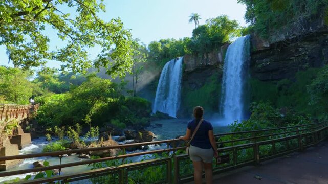 Tourists Over Trails And Boardwalks Within Iguaz&uacute; National Park On The Border Of Argentina And Brazil. Static Shot