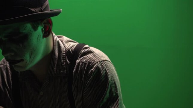 Close-up portrait of a sad mime in a dark outfit with a green background.