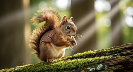 Red squirrel perched on mossy log eating a nut in forest.