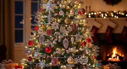 Festive Christmas Tree and Fireplace Scene with Holiday Decorations.