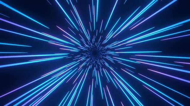 Abstract Blue Neon Light Streaks Hyperspeed Loop on Black Background