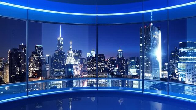 Modern television studio with a panoramic view of the city skyline at night.