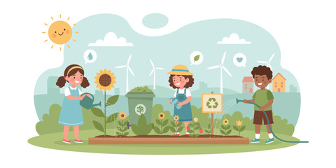 Fototapeta premium Children engaging in eco-friendly activities amidst sunflowers and wind turbines in a serene landscape from a high viewpoint