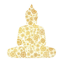 Golden Buddha silhouette with intricate wheel patterns