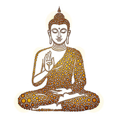 Golden Buddha statue illustration with circular patterns
