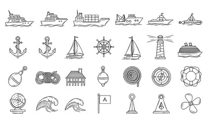 Ships boats yacht submarine hand drawn sketch icon set black white nautical vector © Lipi