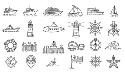 Hand drawn ship yacht boat submarine and anchor icon set nautical doodle vector collection © Lipi