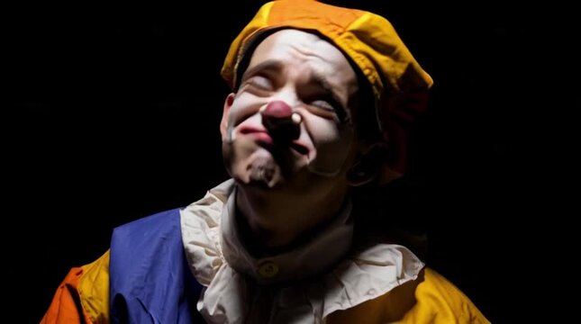 Portrait of a sad mime with painted on frown, wearing colorful costume against a dark background.