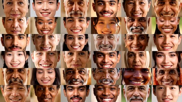 Portraits of handsome people of different ages and ethnicities. Close-up collage. Montage of happy people looking at the camera.