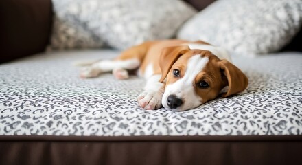 Adorable Beagle Puppy Relaxing on a Stylish Sofa with Pillows.