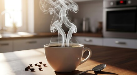 Steaming Coffee Cup on Wooden Table in Kitchen.