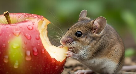 Mouse Feasting on a Red Apple in Natural Setting.