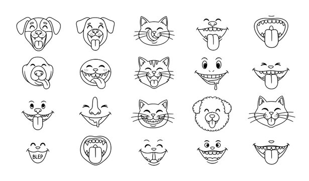 Hand drawn doodle pet mouth icon set dog and cat tongue licking face vector illustration