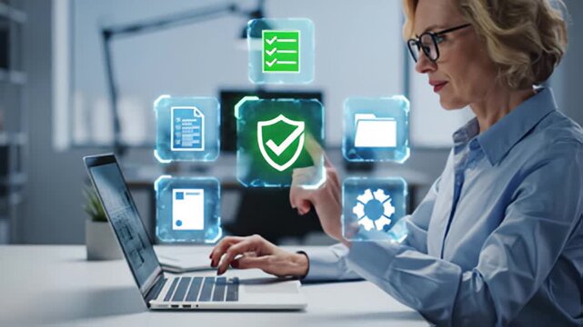 Woman uses laptop with security shield and digital file icons overlayed
