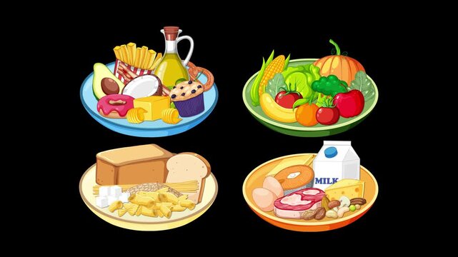 Animated Transition of Diverse Food Groups on Black Background
