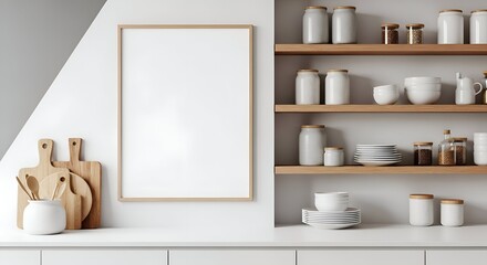 Minimalist Kitchen Interior With Wooden Shelves And Blank Picture Frame On White Wall