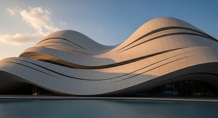 Futuristic Architecture - A Modern Building with Wavy Design and Sky Backdrop.