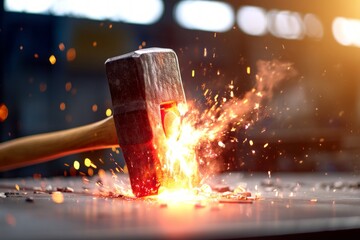 Hammer Striking Red Hot Steel Billet in Forging Process