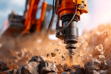 Heavy Duty Drill Operates Deep in Rock Face with Dust Cloud