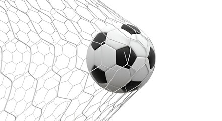 Soccer Ball Inside Goal Net Isolated On White Background With Shadows