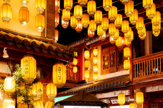 Lanterns illuminating Dali Old Town at night, Yunnan, China