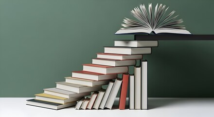 Staircase Formed By Stacked Books With Open Book At The Top and Green Background