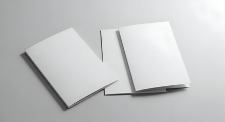Three Blank White Paper Booklets Arranged on a Light Gray Surface with Soft Lighting