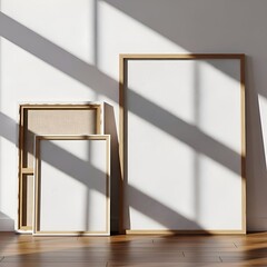 Three Wooden Framed Empty White Canvas Leaning Against White Wall with Bright Sunlight and Shadow Play