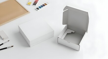 White Cardboard Boxes and Paint Supplies on a White Surface with Studio Lighting
