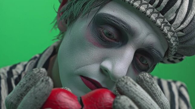 Close-up portrait of a sad mime with painted face and red heart shaped balloon against green background.